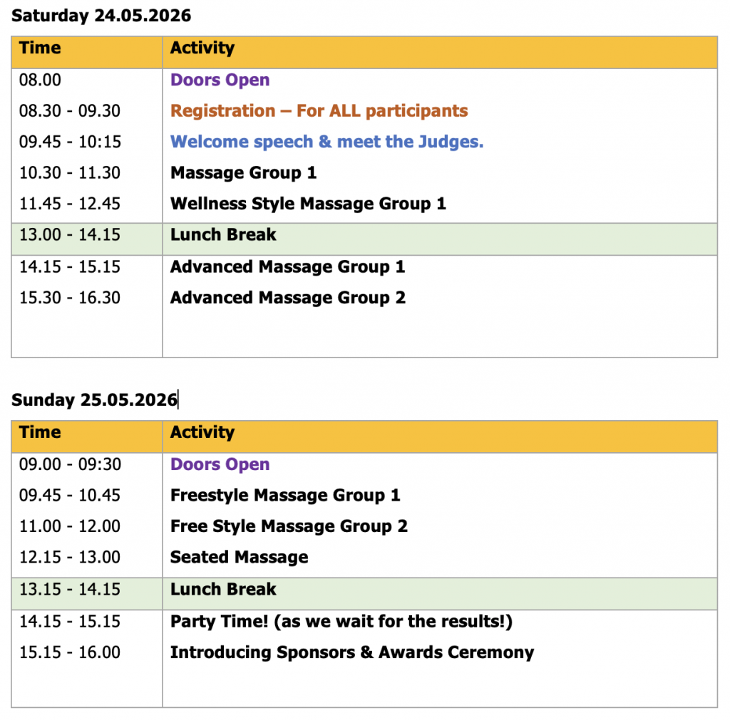 UK Massage Championship 2026 Timetable